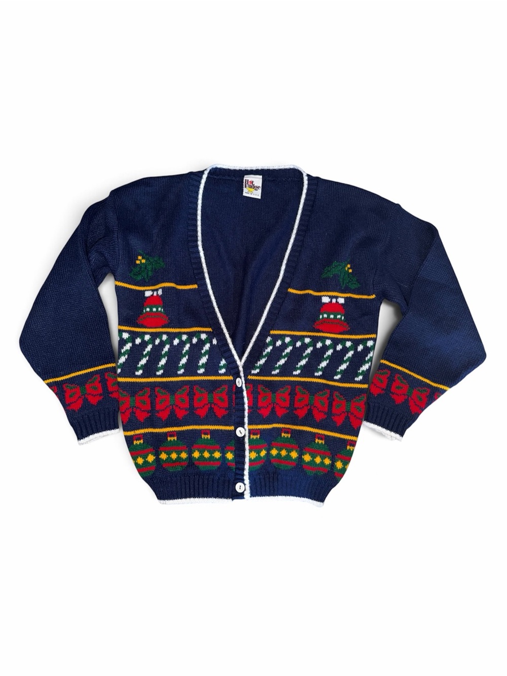 Vintage Hot Fudge Christmas Cardigan Sweater Navy Blue Snowman Candy Cane Large